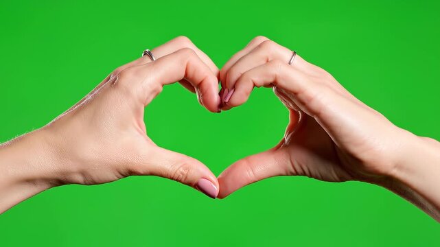 Two hands forming a heart shape against a green background from a close-up front view