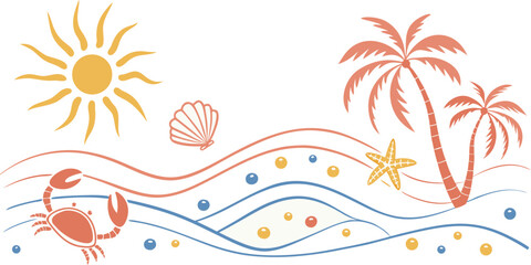 Vibrant beach scene with palm trees sun crab starfish and seashell on white background evoking summer fun and relaxation © Sheikh