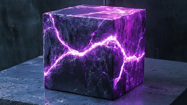 A cube with purple lightning emanating from it sits on a dark surface