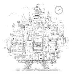 Fototapeta premium Steampunk cityscape on wheels with intricate gears and clockwork mechanisms in a detailed black and white illustration