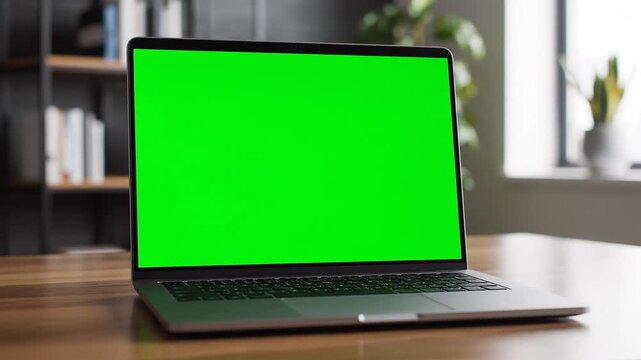 Laptop with green screen on wooden desk in modern office setup for video preview generation
