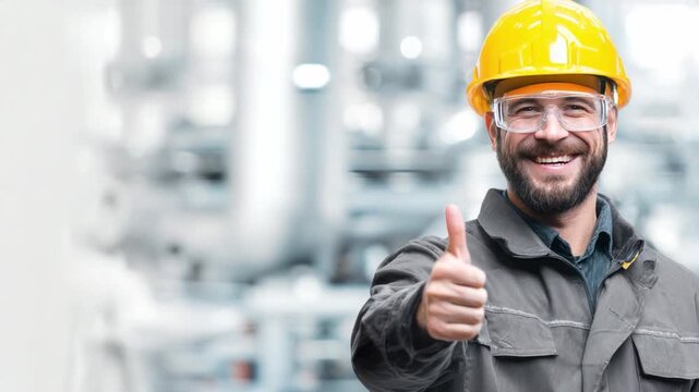 **Positive Outlook in the Factory:** A smiling worker, wearing safety gear and confidently giving a thumbs-up in a factory setting. His expression radiates a sense of optimism and achievement.