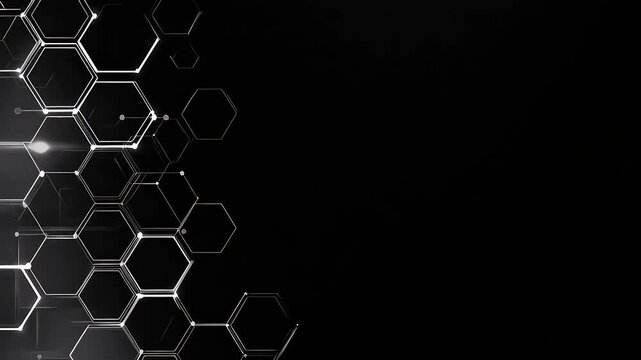 Black background with white hexagonal pattern and glowing effects.