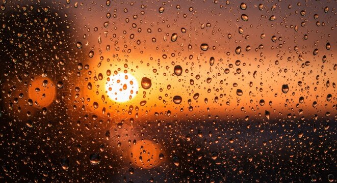 Numerous water droplets adhere to a window pane during a dramatic sunset or sunrise with noticeable lens flare effects.