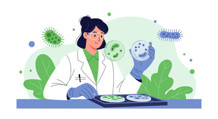 Scientist examining petri dishes with bacteria culture, microbiology research concept