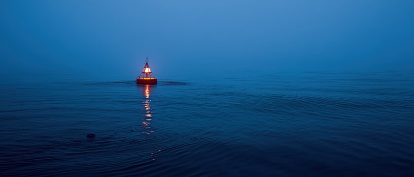 A solitary red navigation buoy glowing on calm dark blue water at twilight