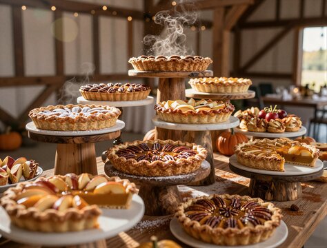 Assorted autumn pies and tarts on wooden risers with steam and warm lighting for harvest dessert table at fall celebration background