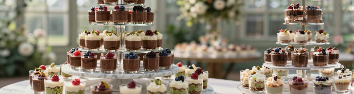 Elegant wedding dessert buffet with assorted mini cakes and chocolate mousses for reception dessert table background and catering display