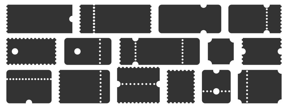 Ticket frame shape set. Perforated black coupon fragments. Flat geometric paper forms with jagged edges. Label for cinema, voucher, theater, pass. Vector graphic elements.