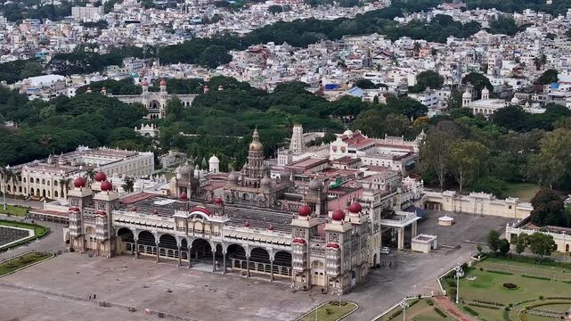 Drone view of Mysore Palace or Amba Vilas historic royal residence amidst the Mysore cityscape