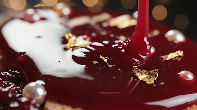 Gourmet Dessert With Rich Berry Glaze And Gold Leaf