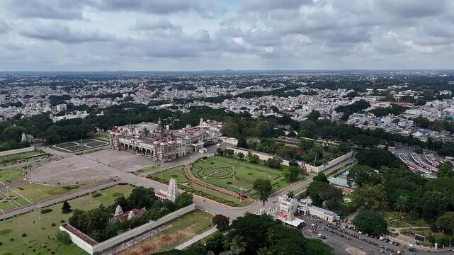 Drone view of Mysore Palace or Amba Vilas historic royal residence amidst the Mysore cityscape