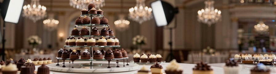 Elegant chocolate dessert tower with cupcakes and truffles in ballroom for wedding reception table and event display