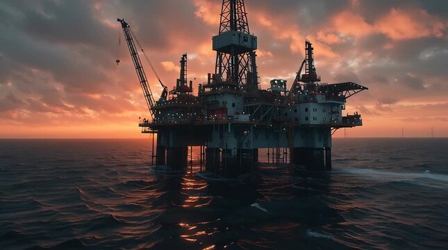 Offshore Oil Rig Silhouette at Sunset &ndash; Global Energy Crisis and Industrial Power Concept 4K Cinematic Scene