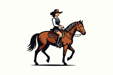 Fototapeta premium Stylized rider in wide brim hat, vest, skirt, and boots riding horse in motion, bold vector design with clean lines and limited brown black-white palette.