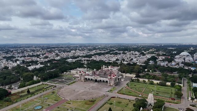 Drone view of Mysore Palace or Amba Vilas historic royal residence amidst the Mysore cityscape