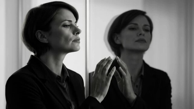 Serious professional woman looking at her reflection in a mirror for self-reflection concept and mental resilience journey in monochrome