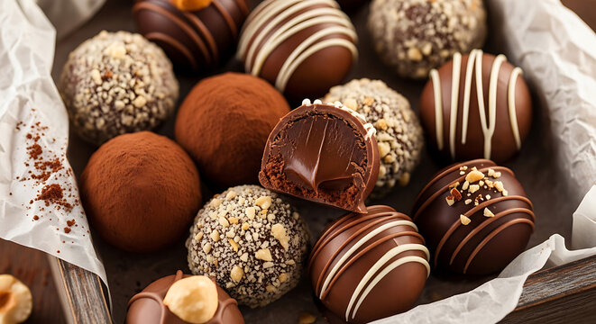 Gourmet chocolate truffles, a delectable assortment of sweet confectionery treats for dessert and indulgence