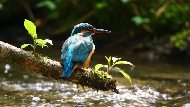 Vibrant Kingfisher Perched on Branch Above Flowing River.
