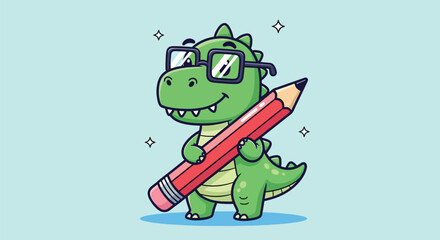 Cute Cartoon Dinosaur Wearing Glasses Holding a Big Pencil. © NFS Studio