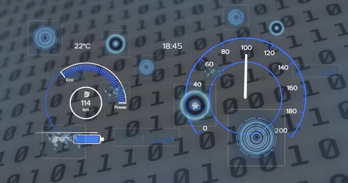 Animation of car interface over scope scanning and binary coding on white background