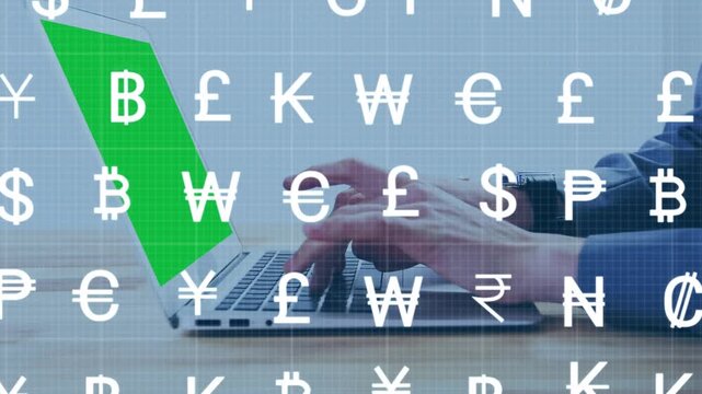 Multiple global currency symbols over mid section of a person using laptop with copy space