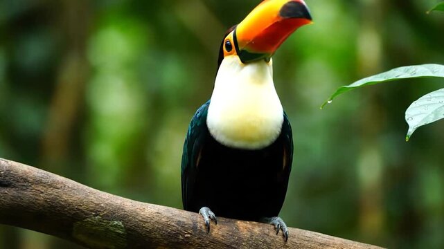 Vibrant Toco Toucan Perched on a Branch in Lush Tropical Rainforest.