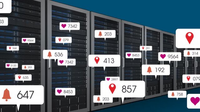 Animation of social media icons and numbers over servers
