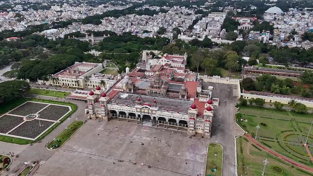 Drone view of Mysore Palace or Amba Vilas historic royal residence amidst the Mysore cityscape