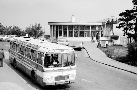 Bratislava, Slovakia, - July 3, 1978: Karosa tour bus and souvenir shop at Slav&iacute;n Memorial