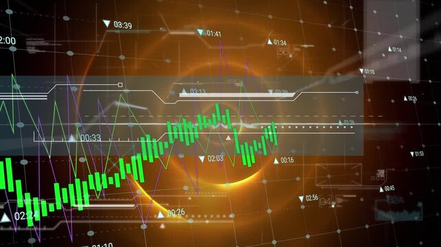 Animation of abstract pattern and multiple graphs with number and lens flare over circular pattern