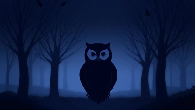 Mysterious Owl Silhouette in Dark Forest at Night.