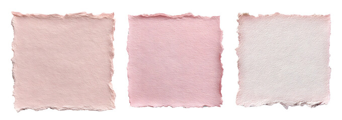 Fototapeta premium Three textured squares of handmade pink and blush paper with beautifully distressed deckled edges on transparent background