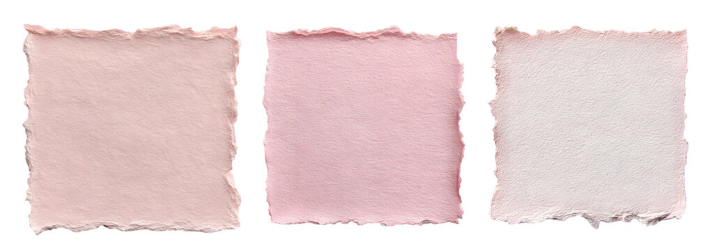 Three textured squares of handmade pink and blush paper with beautifully distressed deckled edges on transparent background