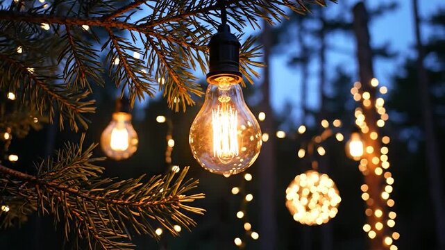 Pine tree branches adorned with warm string lights and edison style bulbs creating a festive outdoor evening ambiance