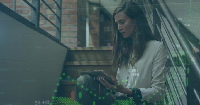 Animation of glitch technique graphs, thoughtful caucasian woman using digital tablet on staircase