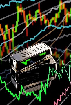 Silver bar investment concept with financial candlestick chart background, representing precious metal trading, safe haven asset and wealth protection during inflation.