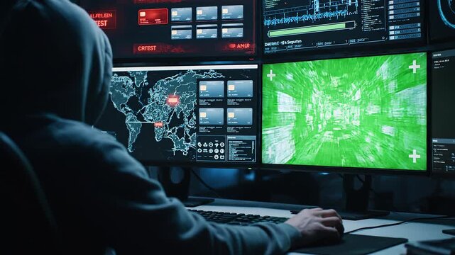 Rear view of hooded hacker generating preview on multiple screens with global map and green interface
