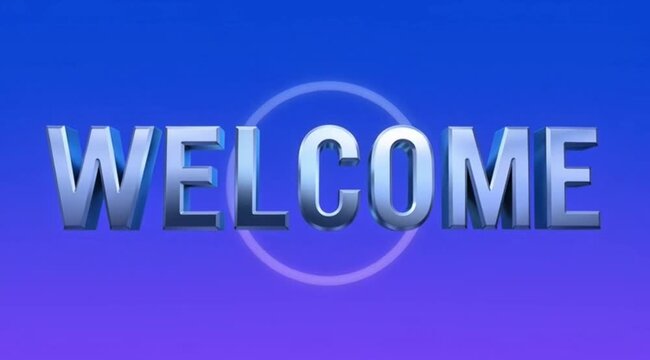 Glossy 3D &ldquo;WELCOME&rdquo; text icon appears from within a circle of light, smooth zoom in animation, blue-purple gradient background, modern minimalist style, clean motion graphic