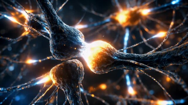 Glowing neurons transmitting electrical impulses in the human brain. Futuristic neural network visualization representing AI, neuroscience, cognition, and digital data flow.