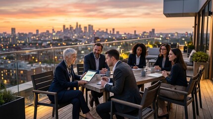 Obraz premium Multigenerational Business Partners Discussing Strategy on City Rooftop at Sunset