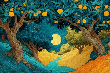 Naklejka premium colorful lantern forest with bright moon