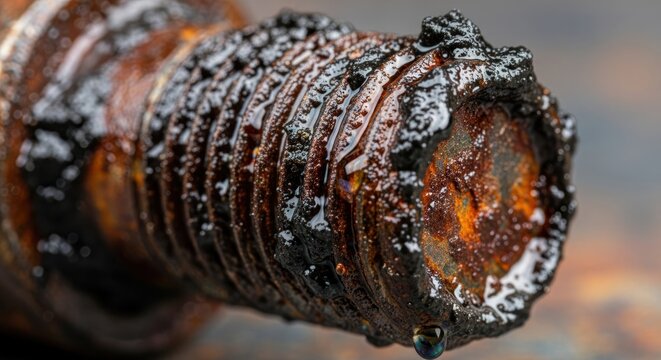 Extreme close-up of a rusty, dirty metal screw with water droplets.