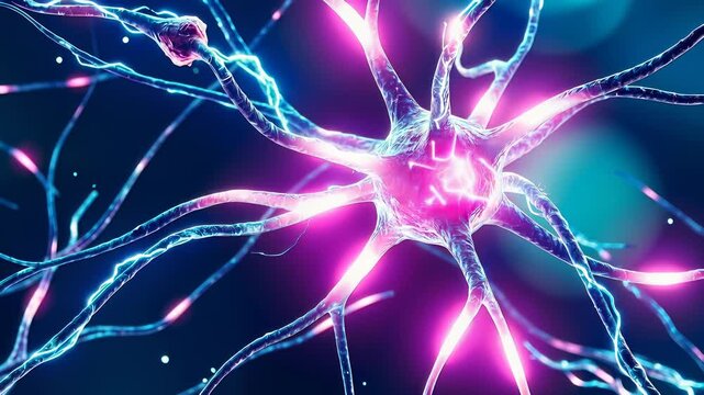 Glowing neurons transmitting electrical impulses in the human brain. Futuristic neural network visualization representing AI, neuroscience, cognition, and digital data flow.