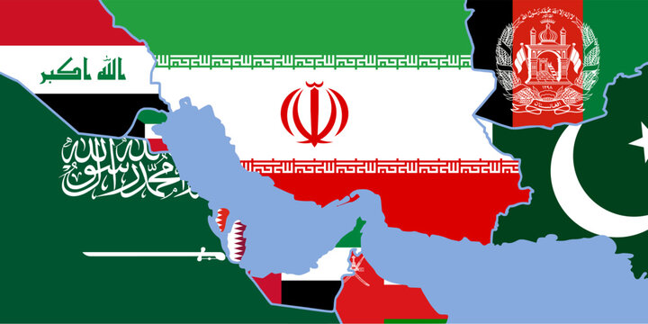 Map and flag of Middle East Asia Countries around Strait of Hormuz with national borders and Territories