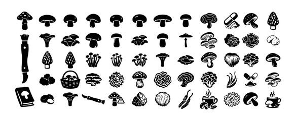 Mushroom Icons Collection – Wild, Culinary, Medicinal Fungi Silhouettes Set, Black Vector Mushroom Symbols © Mediasegment