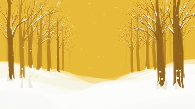 Stylized Winter Forest Scene with Snowfall and Golden Sky.