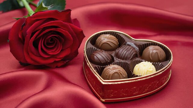 Heart-shaped box of assorted chocolates and a single red rose on luxurious red silk background, Valentine's Day theme.