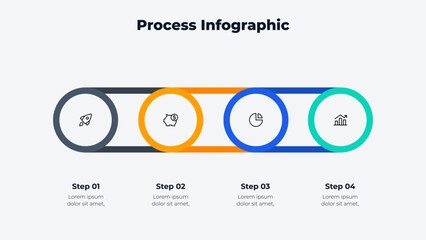 4 step horizontal circle process infographic with connected round segments forming linear workflow diagram