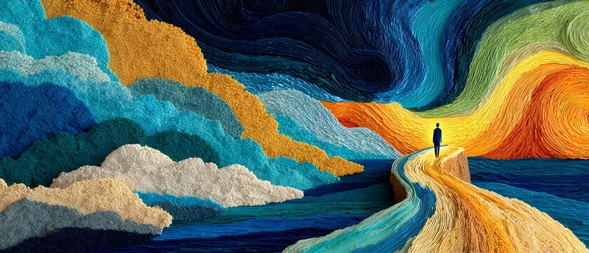 illustrated figure walks a colorful hourglass path